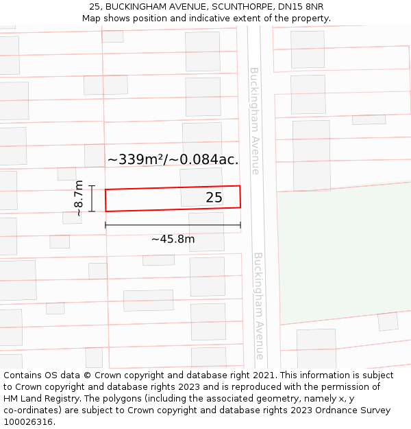 25, BUCKINGHAM AVENUE, SCUNTHORPE, DN15 8NR: Plot and title map