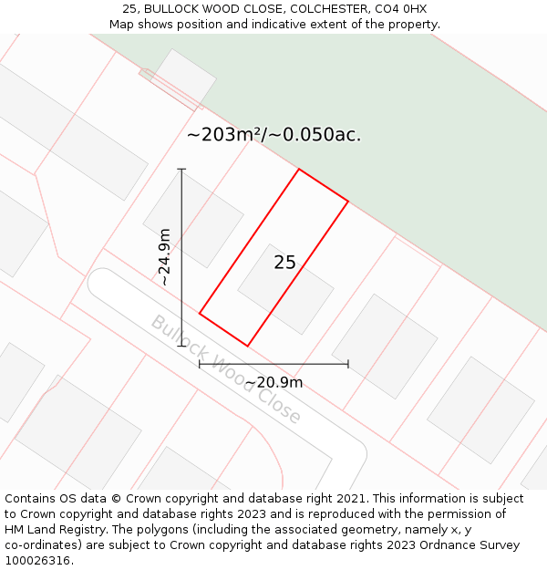 25, BULLOCK WOOD CLOSE, COLCHESTER, CO4 0HX: Plot and title map