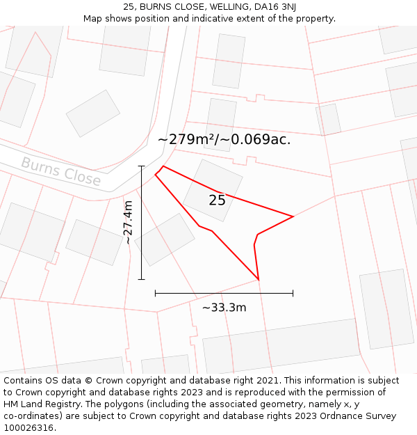 25, BURNS CLOSE, WELLING, DA16 3NJ: Plot and title map
