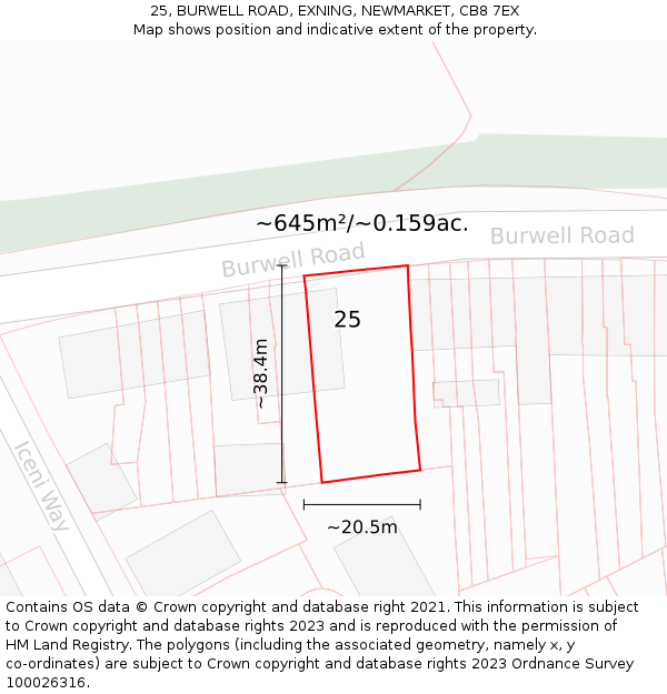 25, BURWELL ROAD, EXNING, NEWMARKET, CB8 7EX: Plot and title map