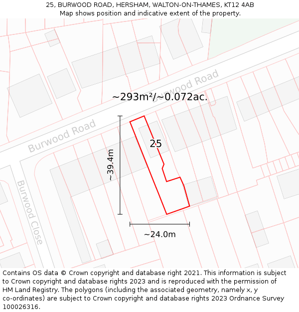 25, BURWOOD ROAD, HERSHAM, WALTON-ON-THAMES, KT12 4AB: Plot and title map