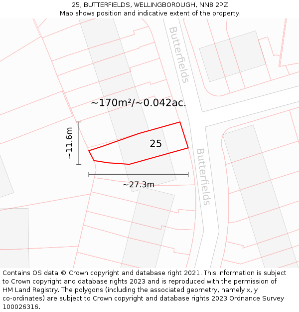 25, BUTTERFIELDS, WELLINGBOROUGH, NN8 2PZ: Plot and title map