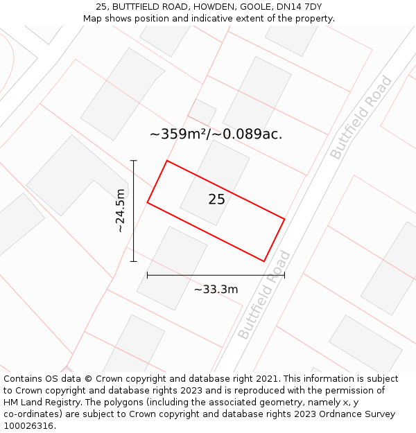 25, BUTTFIELD ROAD, HOWDEN, GOOLE, DN14 7DY: Plot and title map