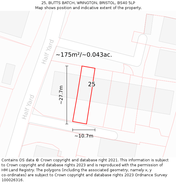 25, BUTTS BATCH, WRINGTON, BRISTOL, BS40 5LP: Plot and title map