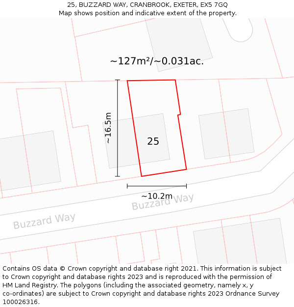 25, BUZZARD WAY, CRANBROOK, EXETER, EX5 7GQ: Plot and title map
