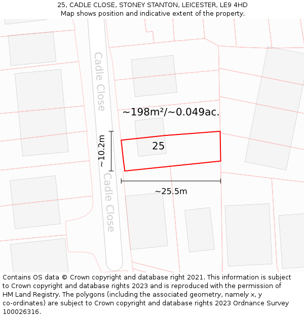 25, CADLE CLOSE, STONEY STANTON, LEICESTER, LE9 4HD: Plot and title map