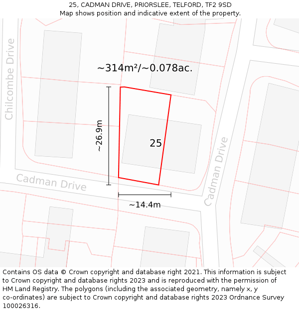 25, CADMAN DRIVE, PRIORSLEE, TELFORD, TF2 9SD: Plot and title map