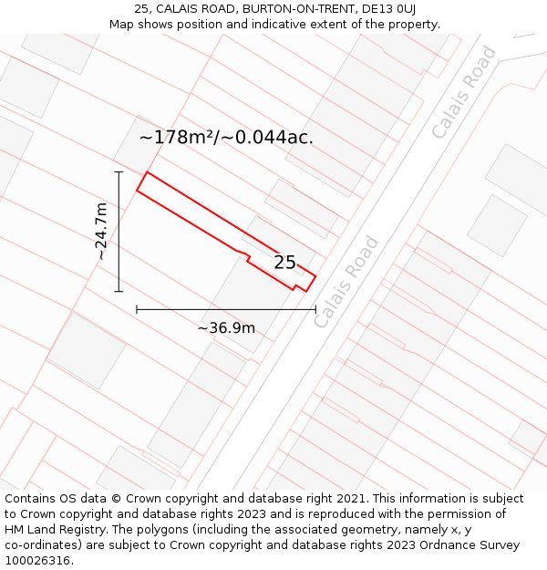 25, CALAIS ROAD, BURTON-ON-TRENT, DE13 0UJ: Plot and title map