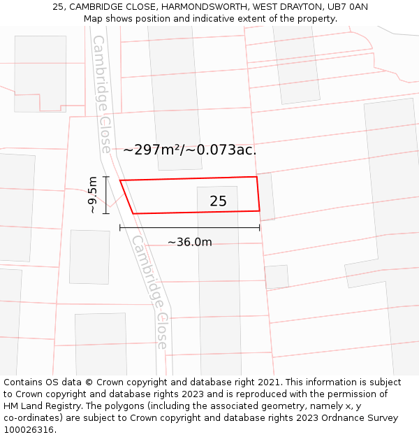 25, CAMBRIDGE CLOSE, HARMONDSWORTH, WEST DRAYTON, UB7 0AN: Plot and title map