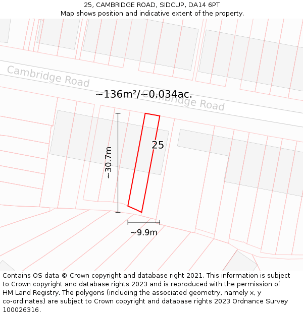 25, CAMBRIDGE ROAD, SIDCUP, DA14 6PT: Plot and title map