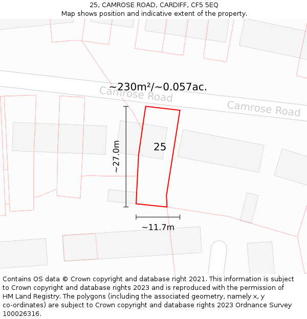 25, CAMROSE ROAD, CARDIFF, CF5 5EQ: Plot and title map