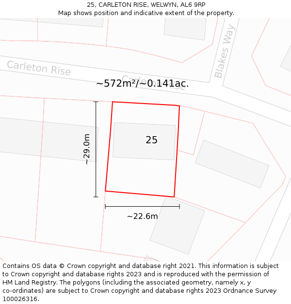 25, CARLETON RISE, WELWYN, AL6 9RP: Plot and title map