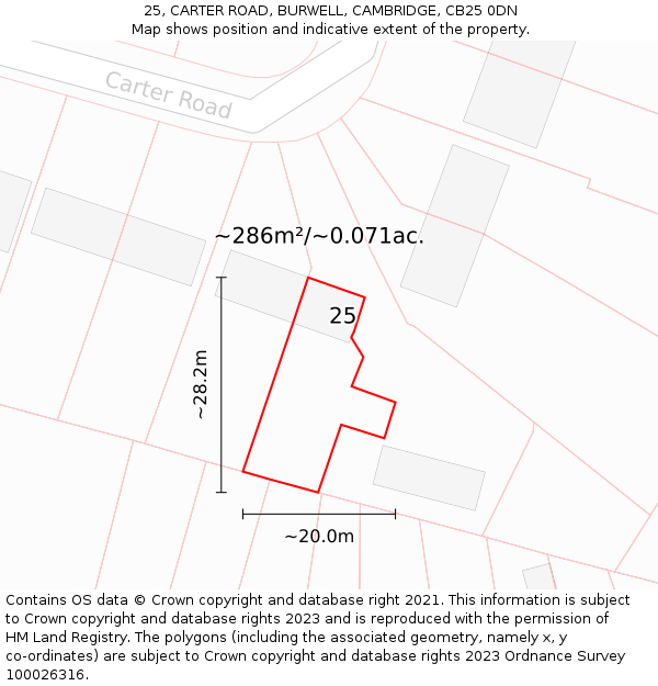25, CARTER ROAD, BURWELL, CAMBRIDGE, CB25 0DN: Plot and title map