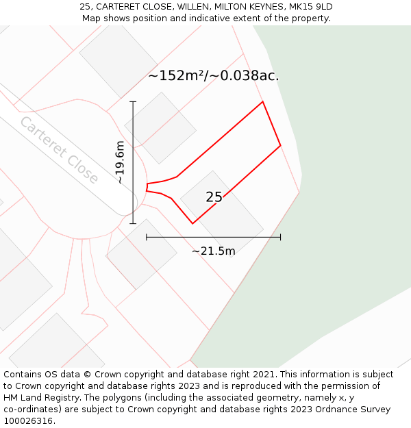 25, CARTERET CLOSE, WILLEN, MILTON KEYNES, MK15 9LD: Plot and title map