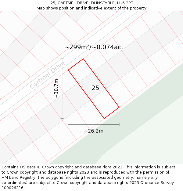 25, CARTMEL DRIVE, DUNSTABLE, LU6 3PT: Plot and title map
