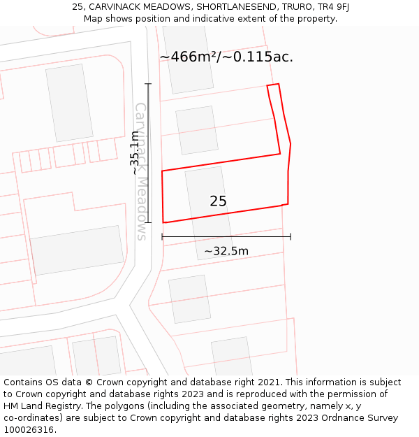 25, CARVINACK MEADOWS, SHORTLANESEND, TRURO, TR4 9FJ: Plot and title map