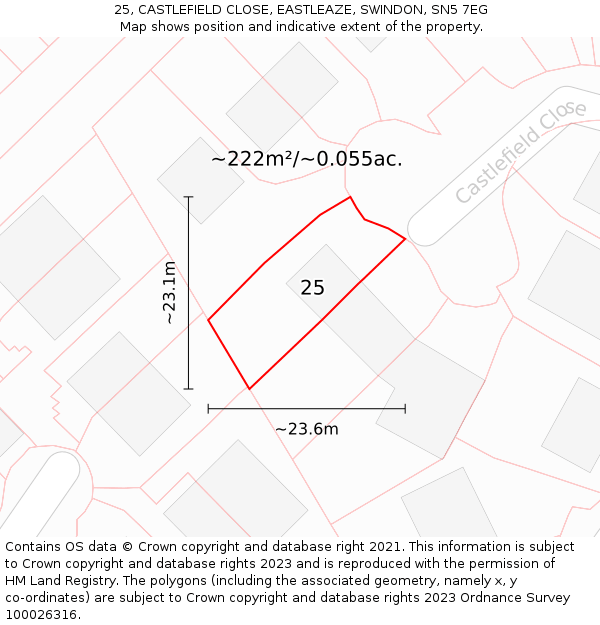 25, CASTLEFIELD CLOSE, EASTLEAZE, SWINDON, SN5 7EG: Plot and title map