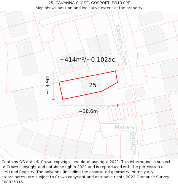 25, CAVANNA CLOSE, GOSPORT, PO13 0PE: Plot and title map