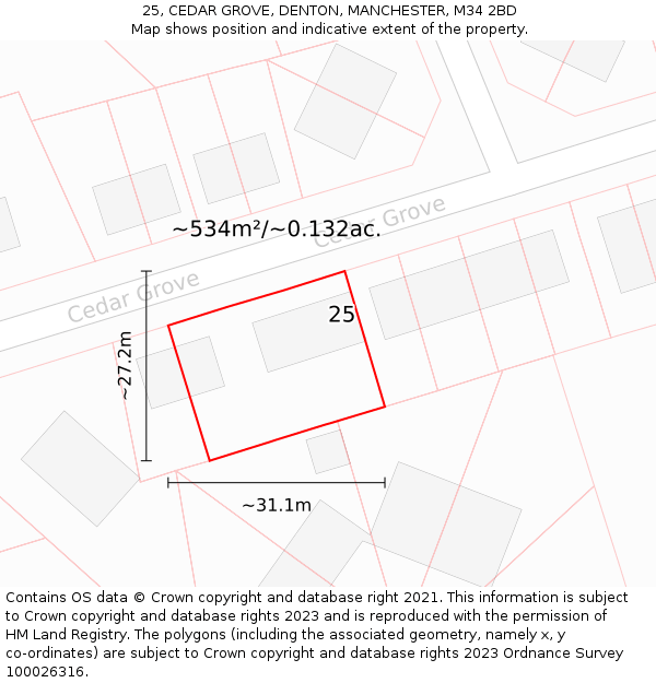 25, CEDAR GROVE, DENTON, MANCHESTER, M34 2BD: Plot and title map