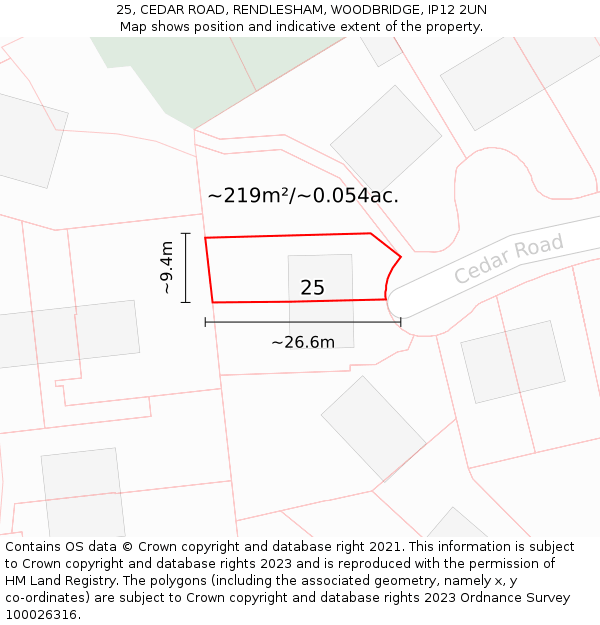 25, CEDAR ROAD, RENDLESHAM, WOODBRIDGE, IP12 2UN: Plot and title map