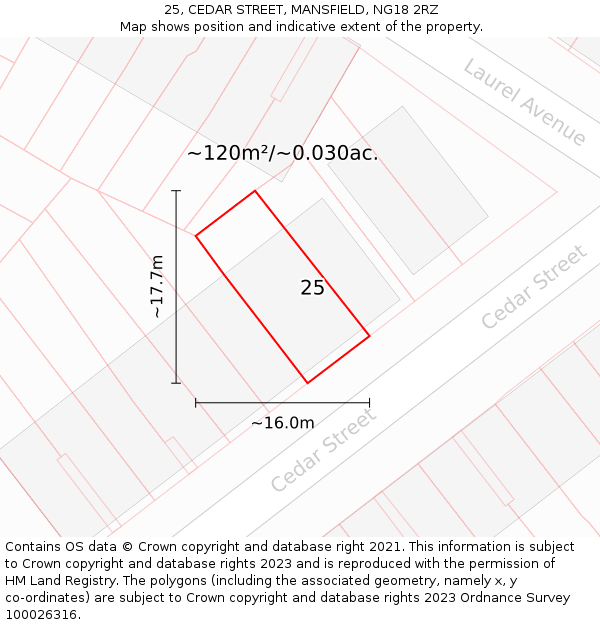 25, CEDAR STREET, MANSFIELD, NG18 2RZ: Plot and title map