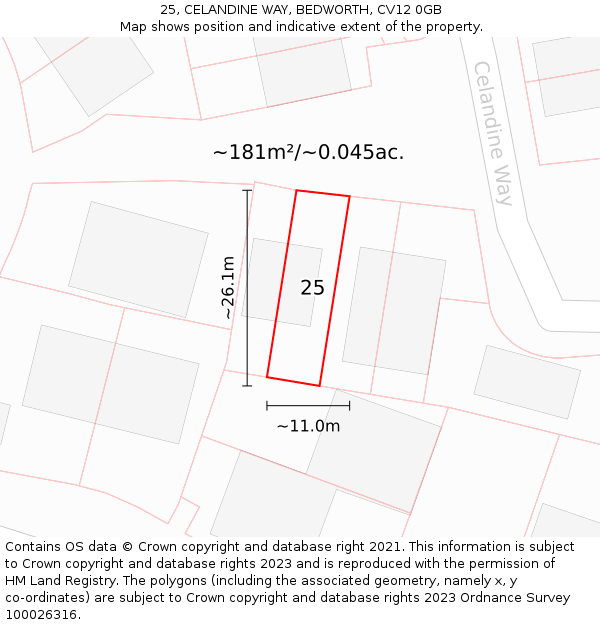 25, CELANDINE WAY, BEDWORTH, CV12 0GB: Plot and title map