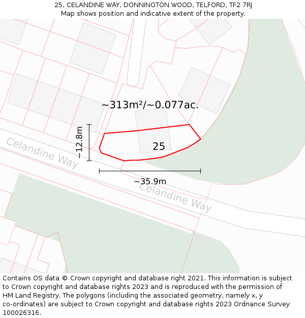 25, CELANDINE WAY, DONNINGTON WOOD, TELFORD, TF2 7RJ: Plot and title map