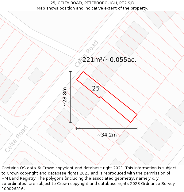 25, CELTA ROAD, PETERBOROUGH, PE2 9JD: Plot and title map