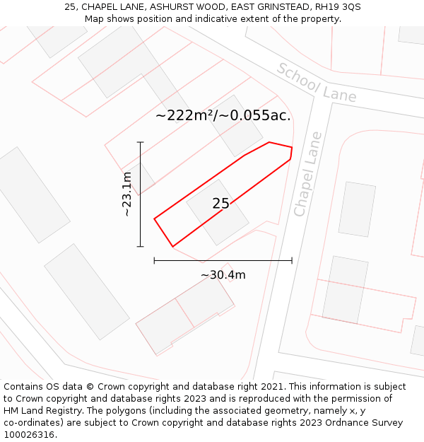 25, CHAPEL LANE, ASHURST WOOD, EAST GRINSTEAD, RH19 3QS: Plot and title map