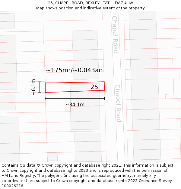 25, CHAPEL ROAD, BEXLEYHEATH, DA7 4HW: Plot and title map