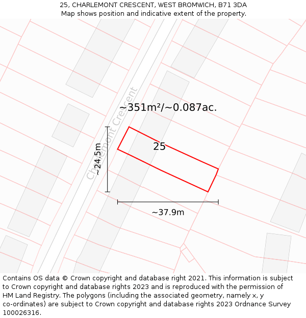 25, CHARLEMONT CRESCENT, WEST BROMWICH, B71 3DA: Plot and title map