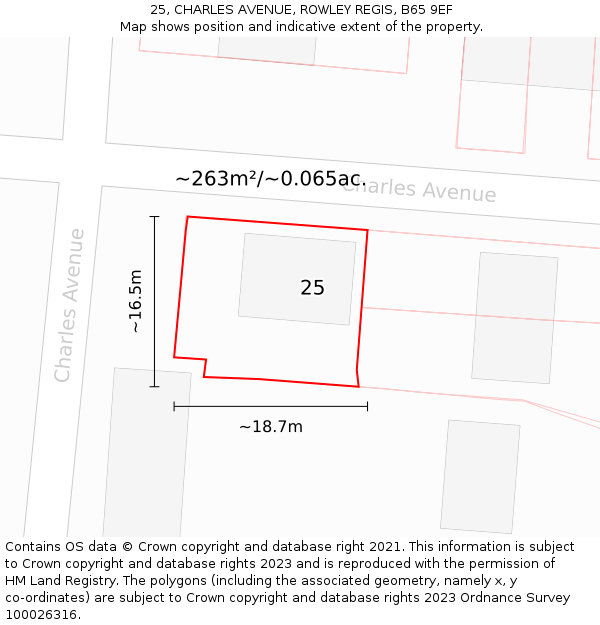 25, CHARLES AVENUE, ROWLEY REGIS, B65 9EF: Plot and title map