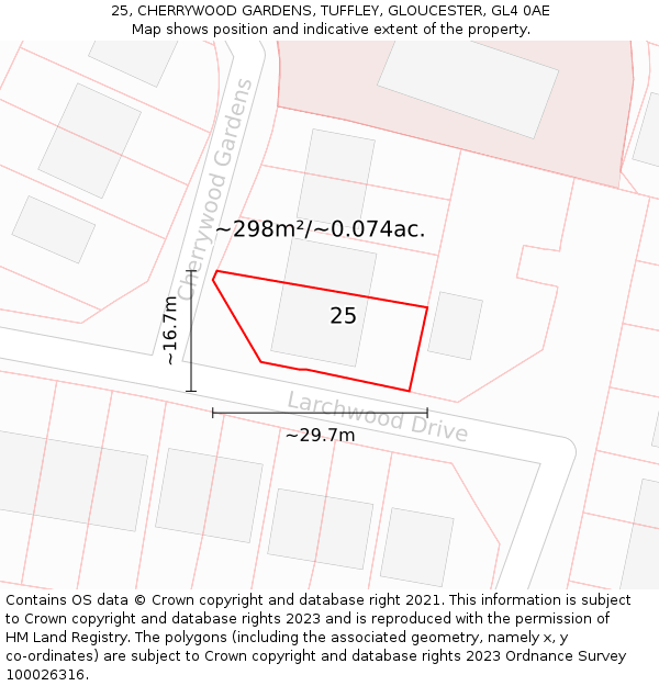 25, CHERRYWOOD GARDENS, TUFFLEY, GLOUCESTER, GL4 0AE: Plot and title map
