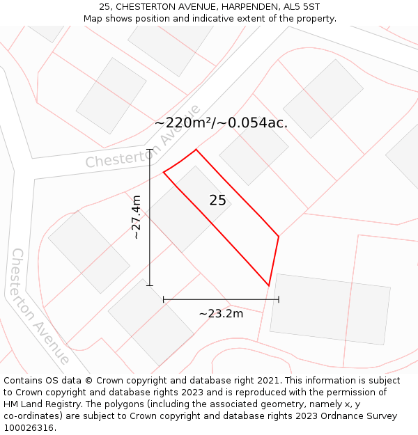 25, CHESTERTON AVENUE, HARPENDEN, AL5 5ST: Plot and title map