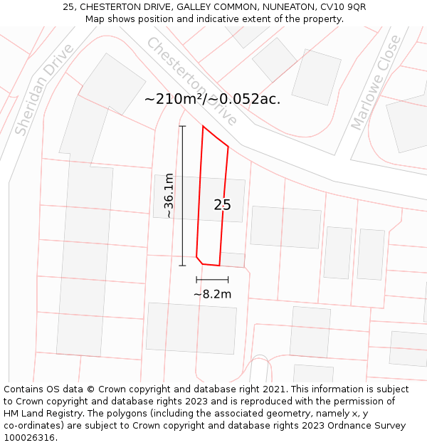 25, CHESTERTON DRIVE, GALLEY COMMON, NUNEATON, CV10 9QR: Plot and title map