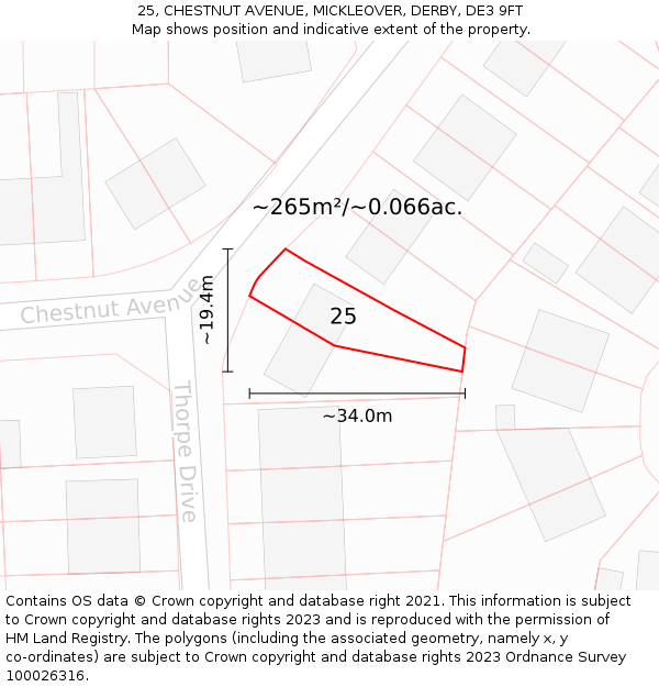 25, CHESTNUT AVENUE, MICKLEOVER, DERBY, DE3 9FT: Plot and title map