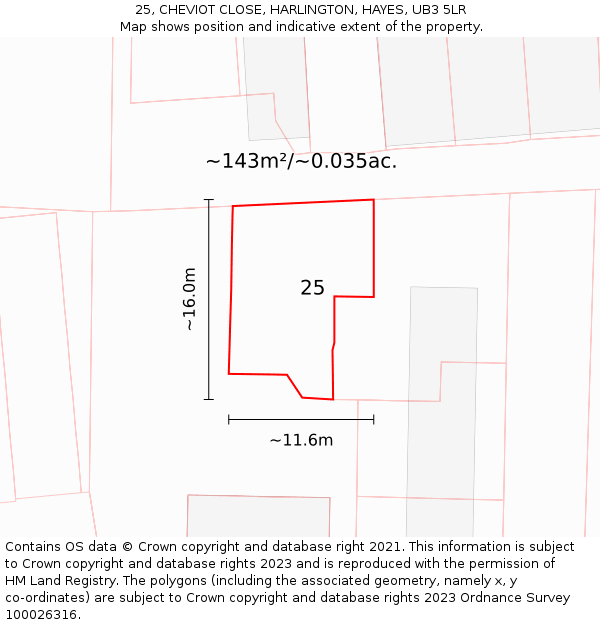 25, CHEVIOT CLOSE, HARLINGTON, HAYES, UB3 5LR: Plot and title map