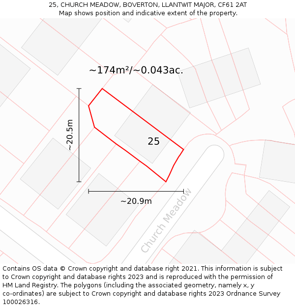 25, CHURCH MEADOW, BOVERTON, LLANTWIT MAJOR, CF61 2AT: Plot and title map