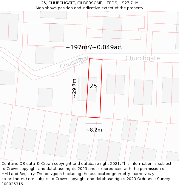 25, CHURCHGATE, GILDERSOME, LEEDS, LS27 7HA: Plot and title map