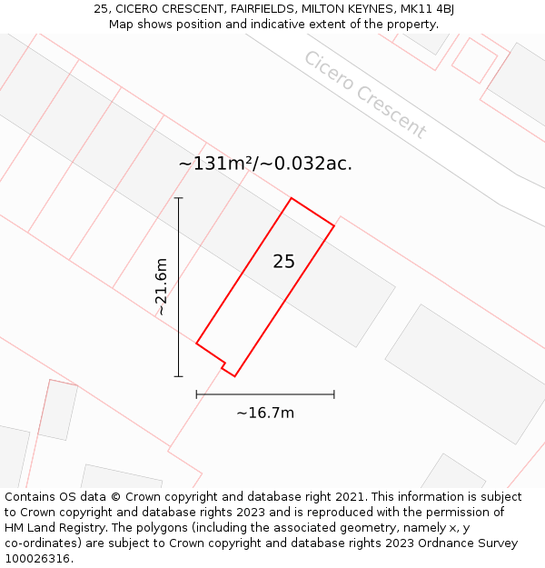 25, CICERO CRESCENT, FAIRFIELDS, MILTON KEYNES, MK11 4BJ: Plot and title map