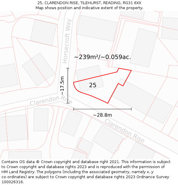25, CLARENDON RISE, TILEHURST, READING, RG31 6XX: Plot and title map