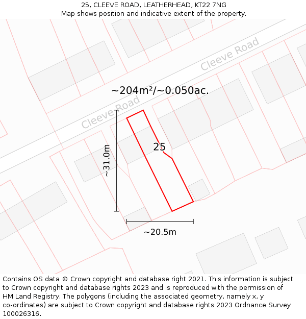 25, CLEEVE ROAD, LEATHERHEAD, KT22 7NG: Plot and title map