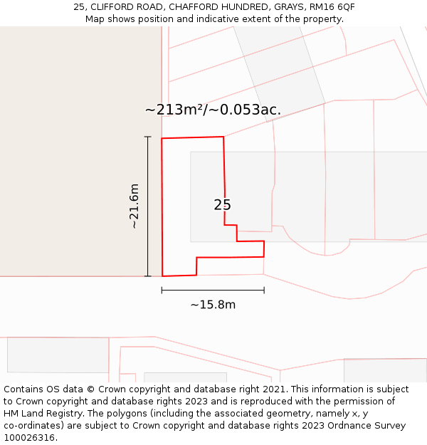 25, CLIFFORD ROAD, CHAFFORD HUNDRED, GRAYS, RM16 6QF: Plot and title map