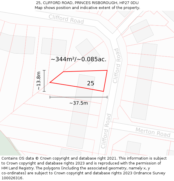 25, CLIFFORD ROAD, PRINCES RISBOROUGH, HP27 0DU: Plot and title map