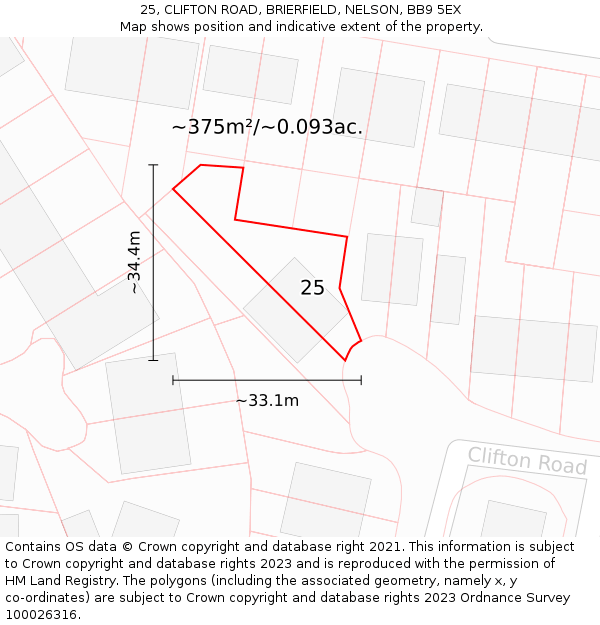 25, CLIFTON ROAD, BRIERFIELD, NELSON, BB9 5EX: Plot and title map
