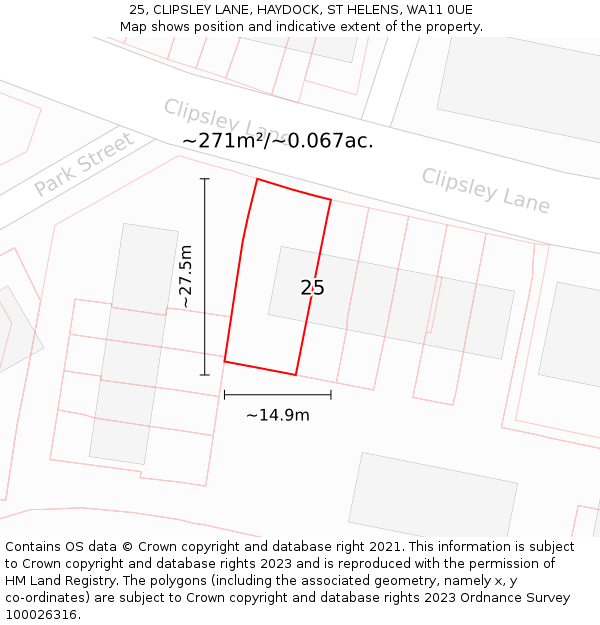 25, CLIPSLEY LANE, HAYDOCK, ST HELENS, WA11 0UE: Plot and title map