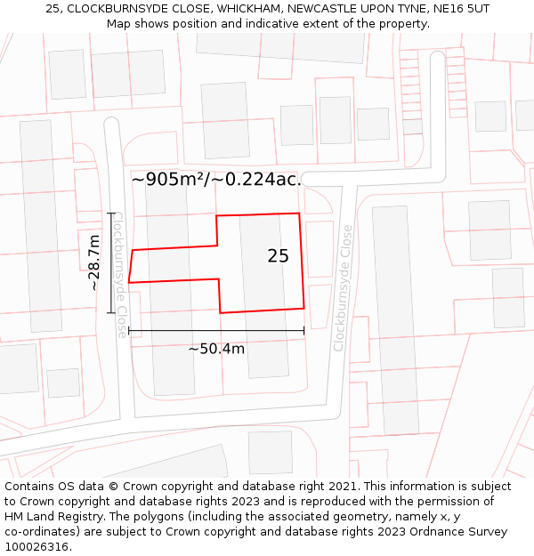 25, CLOCKBURNSYDE CLOSE, WHICKHAM, NEWCASTLE UPON TYNE, NE16 5UT: Plot and title map