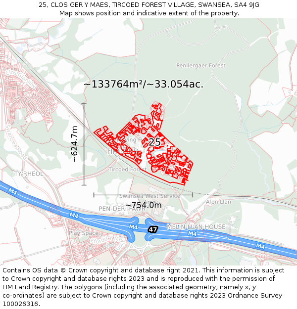 25, CLOS GER Y MAES, TIRCOED FOREST VILLAGE, SWANSEA, SA4 9JG: Plot and title map