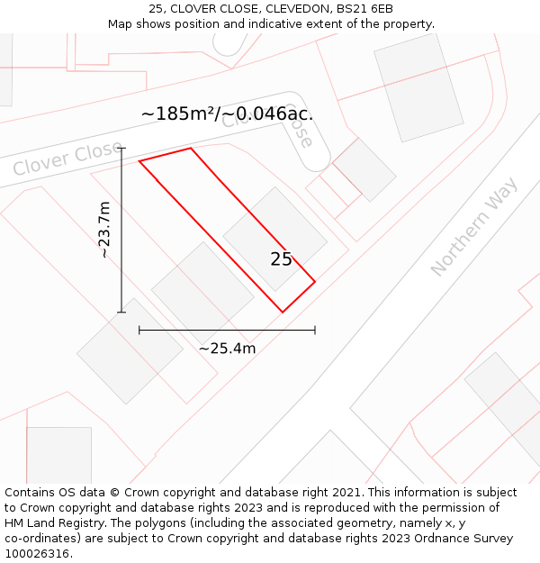 25, CLOVER CLOSE, CLEVEDON, BS21 6EB: Plot and title map