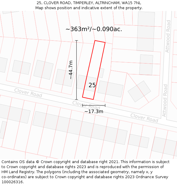 25, CLOVER ROAD, TIMPERLEY, ALTRINCHAM, WA15 7NL: Plot and title map